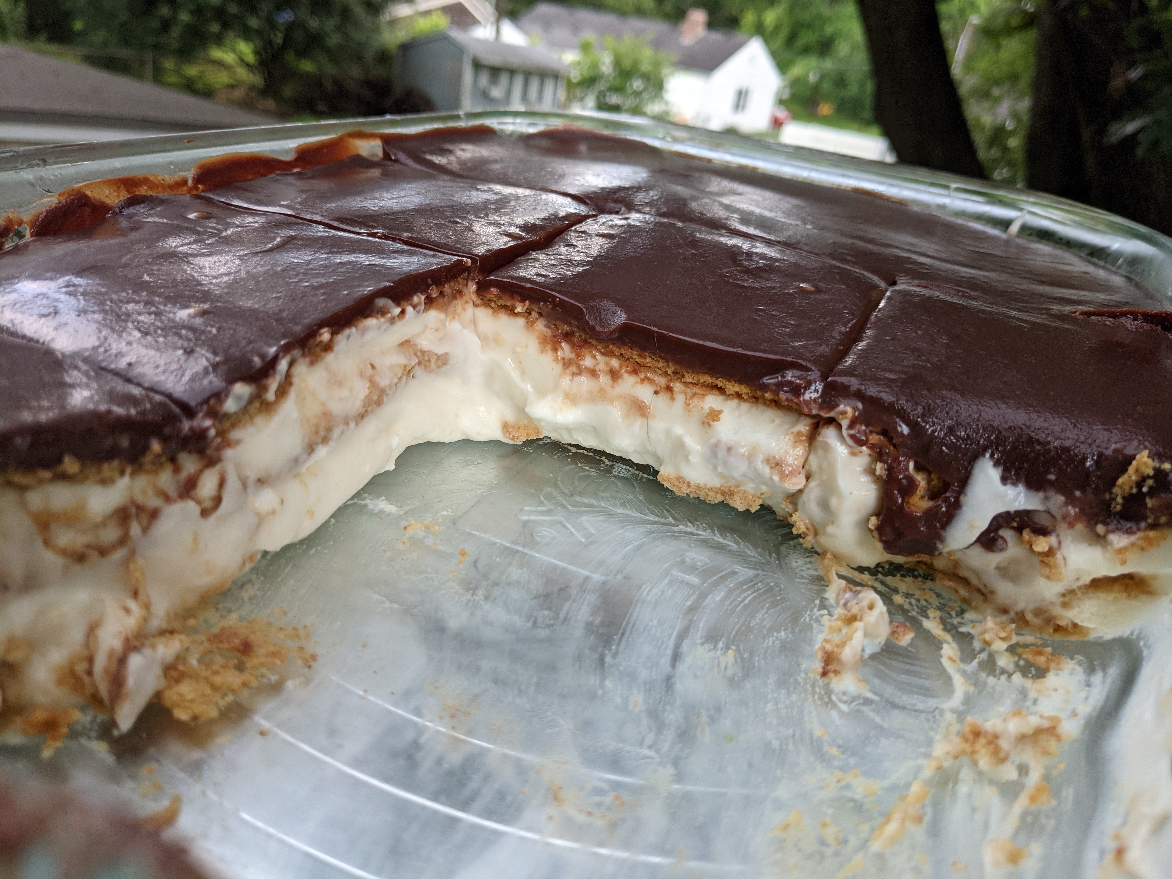 An cross-section of chocolate eclair cake