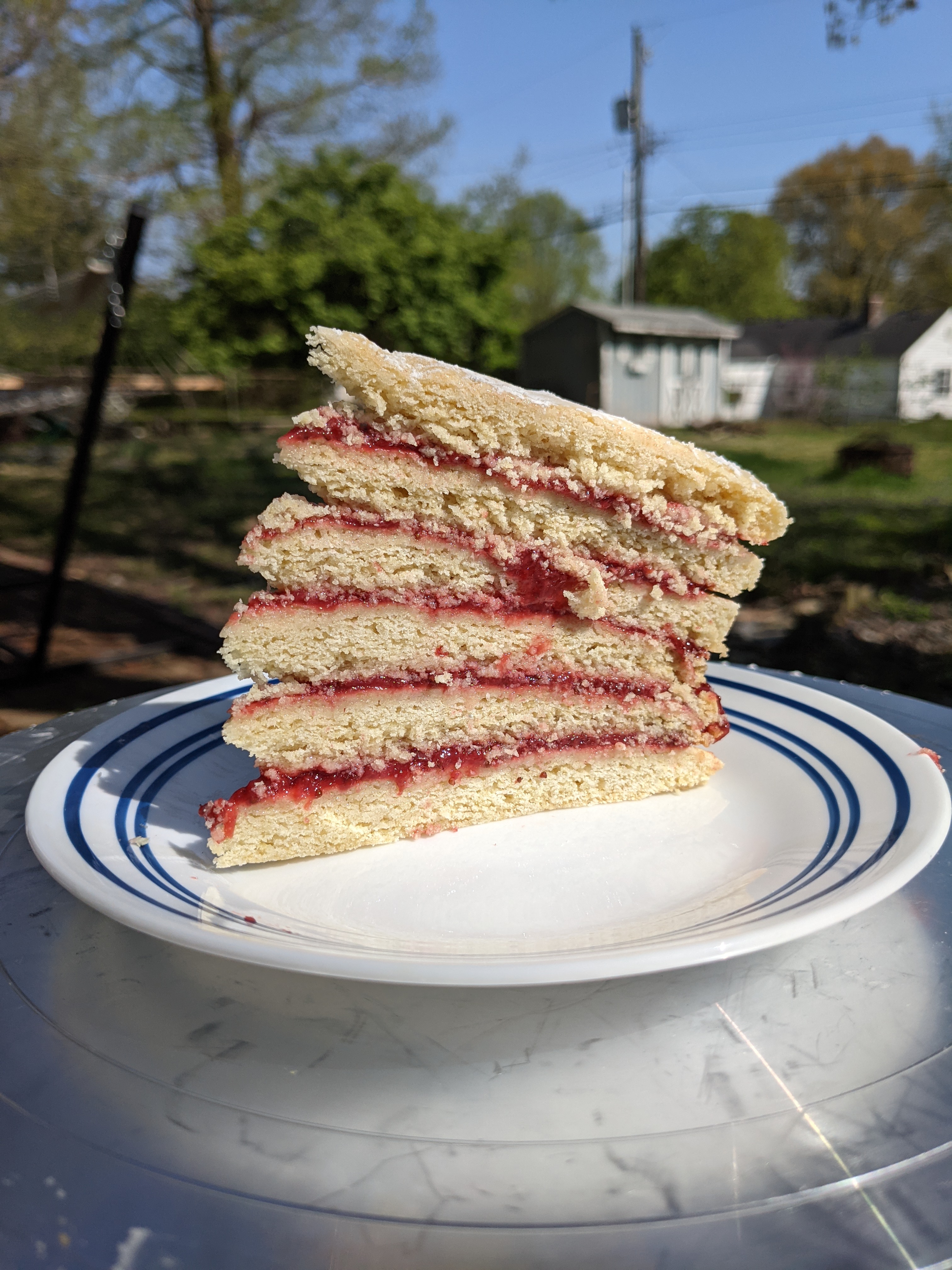 A slice of strawberry stack cake